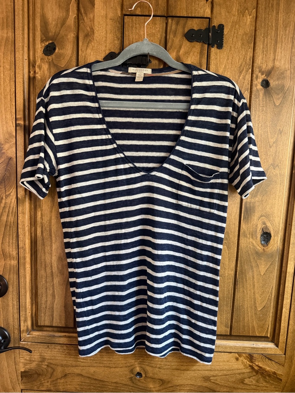 Burberry Brit navy Striped V-Neck Pocket Tee — Navy & White
Size XS